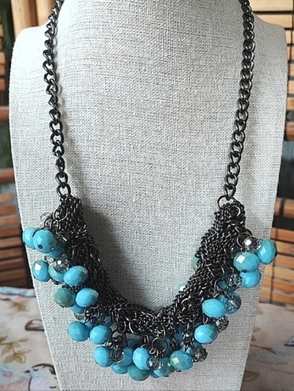 Vera Wang Turquoise Color Braided Gunmetal Bib Statement Necklace Gun Metal EUC